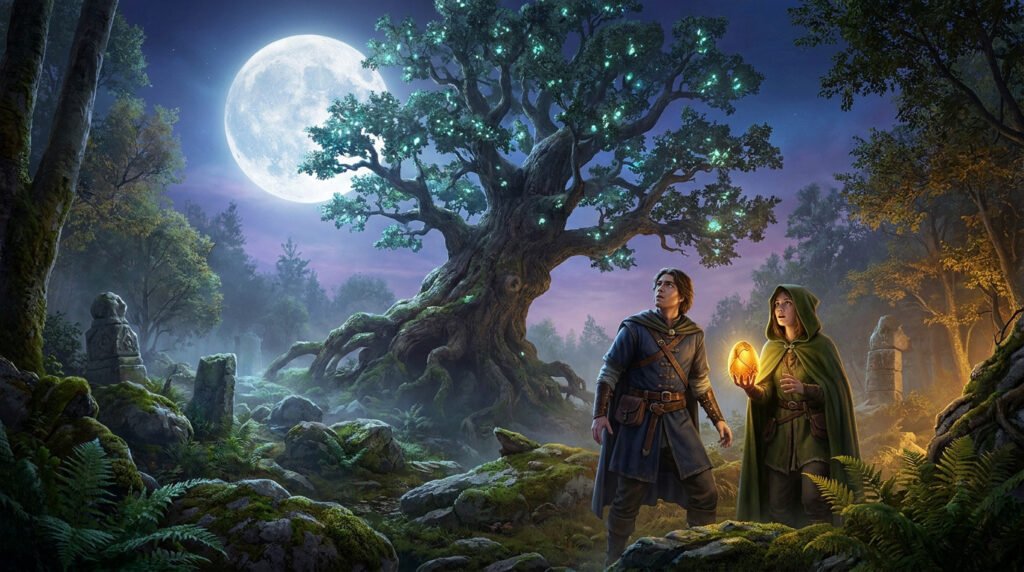 Deux aventuriers en tenue médiévale contemplent un arbre lumineux sous une pleine lune, tenant un œuf doré brillant.