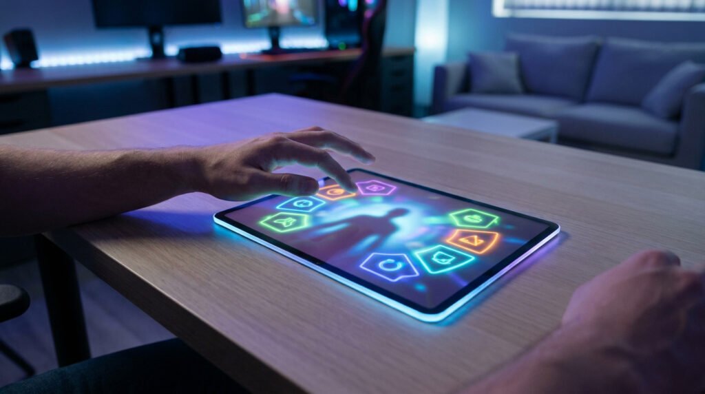 Une personne utilisant une tablette avec une interface holographique colorée dans une salle de jeu moderne.