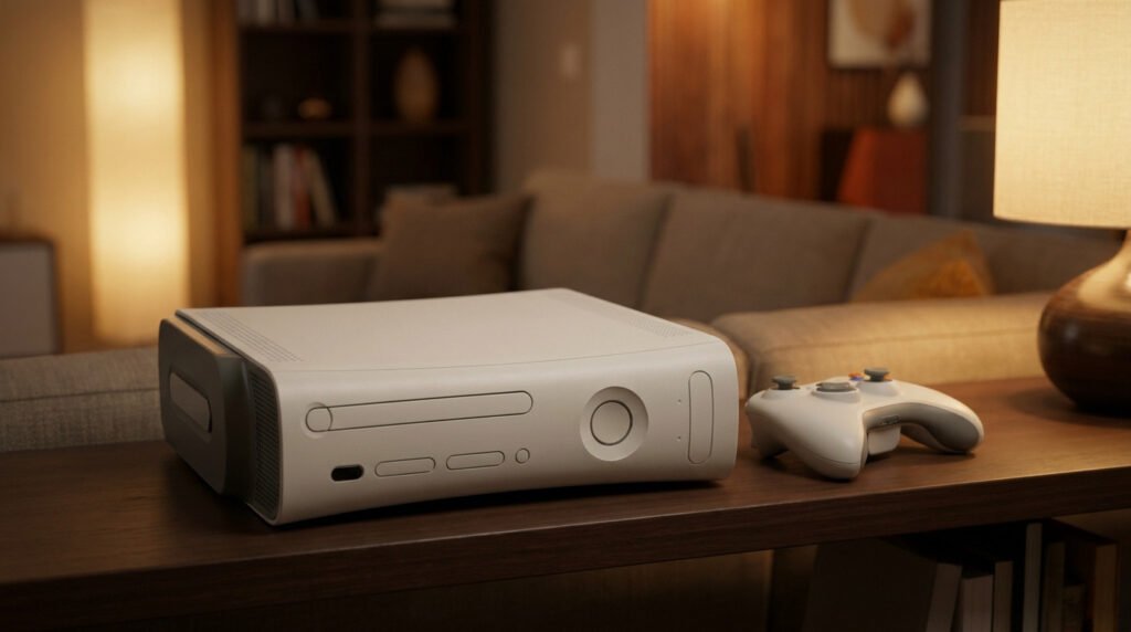 Console Xbox 360 blanche et sa manette assortie posées sur une table basse dans un salon chaleureux.