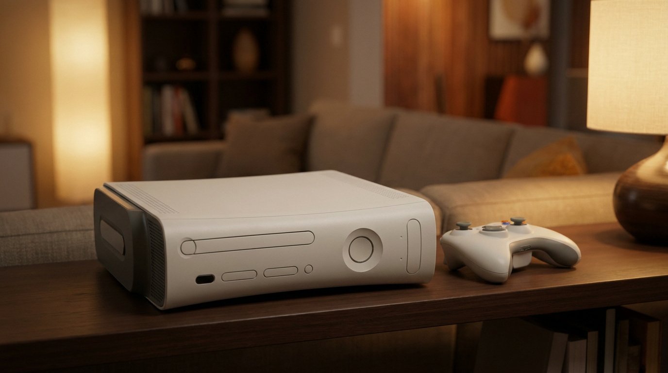 Console Xbox 360 blanche et sa manette assortie posées sur une table basse dans un salon chaleureux.