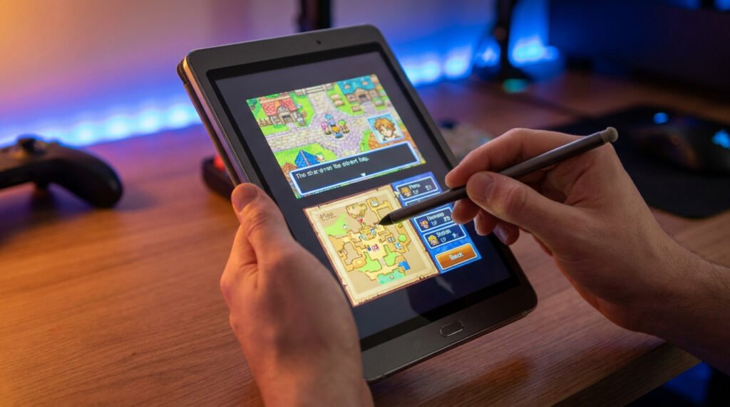 Une personne joue à un jeu DS sur une tablette Android avec un stylet, sur un bureau gaming éclairé.