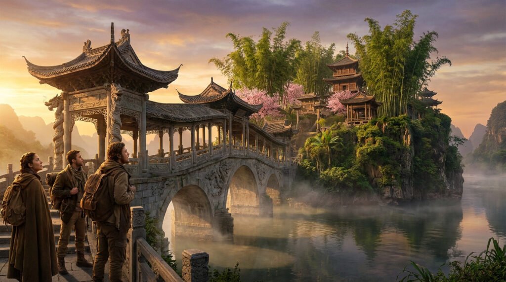 Trois aventuriers contemplent un pont en pierre menant vers un temple asiatique entouré de bambous et de brume.