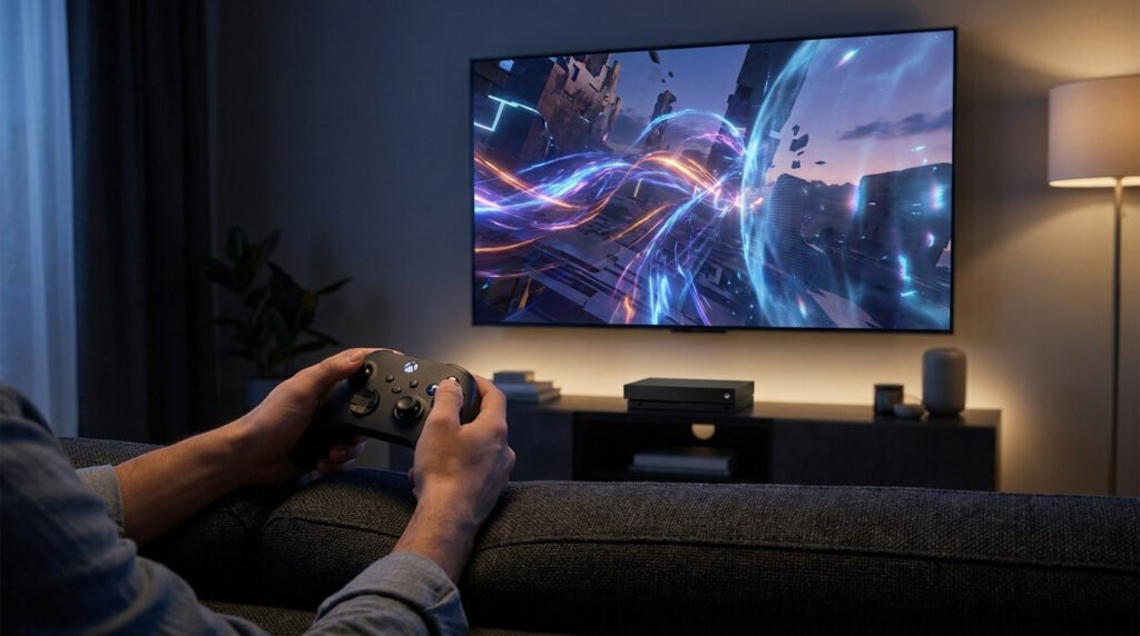 Une personne joue à un jeu vidéo avec une manette Xbox devant un écran affichant un paysage futuriste et lumineux.